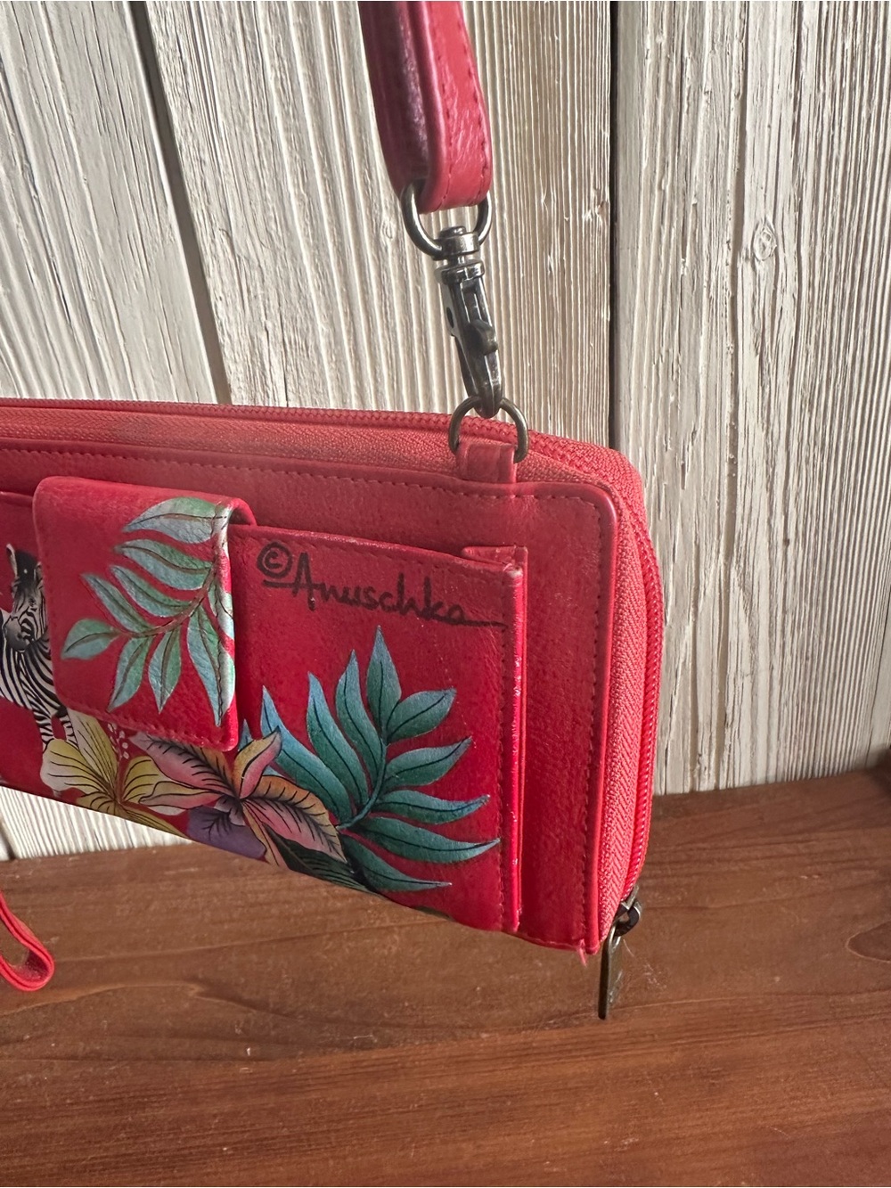 Anuschka Hand Painted Red Zebra & Tropical Floral Crossbody Wristlet Bag - Picture 8 of 16